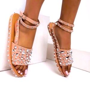 NIB Lemonade All The Spikes Nude Spiked Ankle Strap Sandals Size 8.5